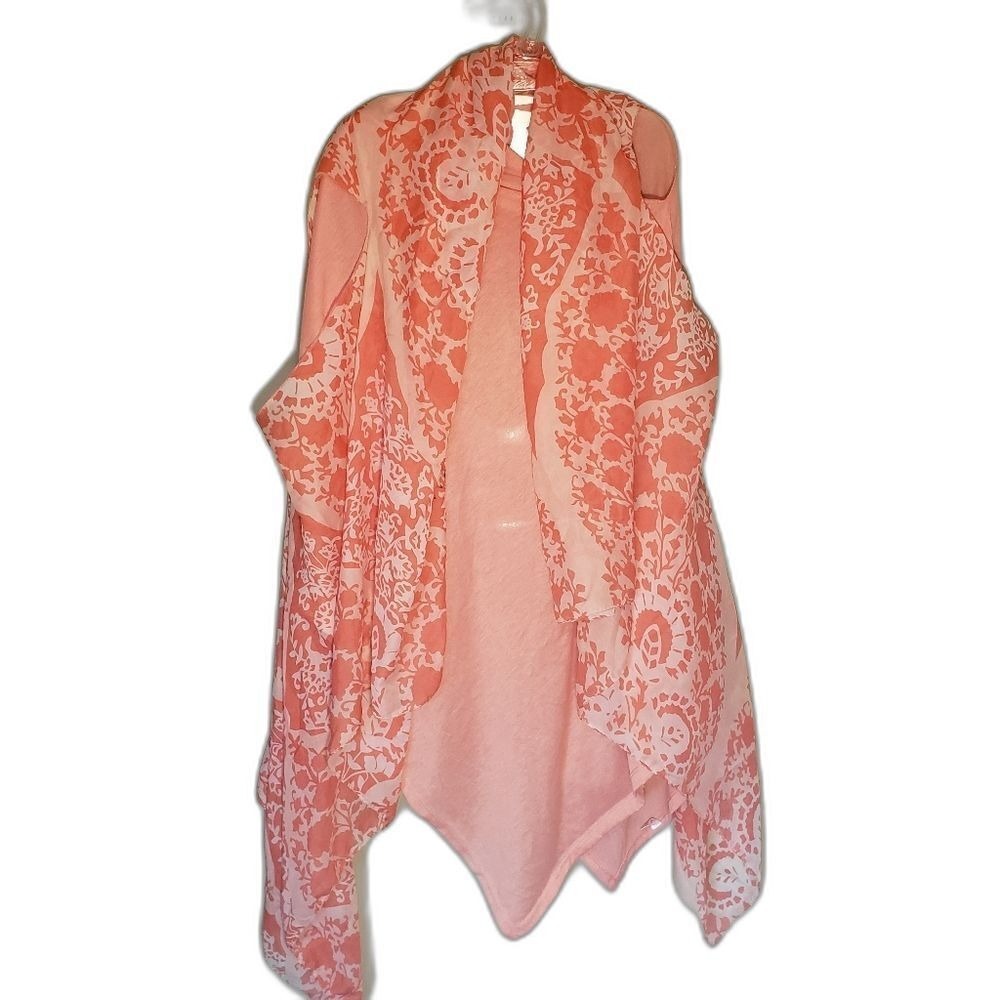 Boutique Summer 2pc Top Sheer Printed Over  & Orange Tank Top Coastal Boho SMALL